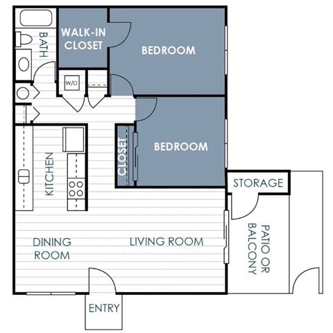 Floor plan for 2 beds, 1 bath, 858 sqft